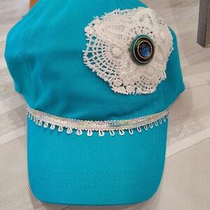 Blue and White Embellished Hat with Lace and Brooch